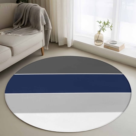 Navy Blue Grey Striped Round Area Rug 3 FT Small Kitchen Bathroom Mats Farmhouse Modern Washable Indoor Outdoor Throw Runner Carpet Non-Shedding Doormat for Table Shower Sofa Entryway