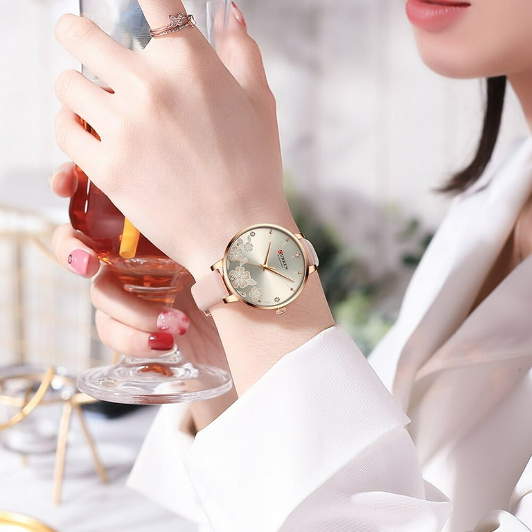 Top Brand Analog Quartz Women Watches CURREN Fashion Leather Strap Luxury Wristwatch Ladies Casual Beautiful Flower Dial Watch