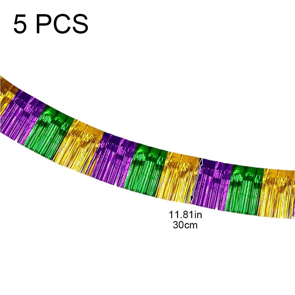 5pcs Green Gold Purple Foil Fringe Garland Metallic Tinsel Streamers Banner Fringe Backdrop Banner for Parade Floats Mardi Gras Birthday Party Homecoming Decoration