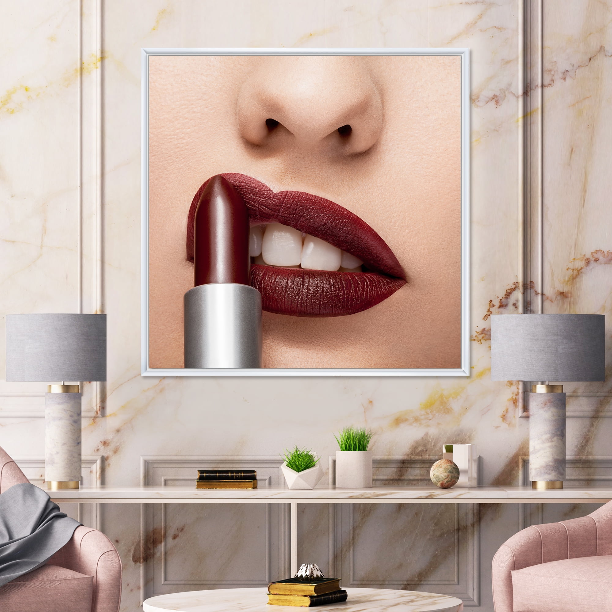 Designart 'Red Lipstick Getting Applyed On Woman Lips' Modern Framed Canvas Wall Art Print