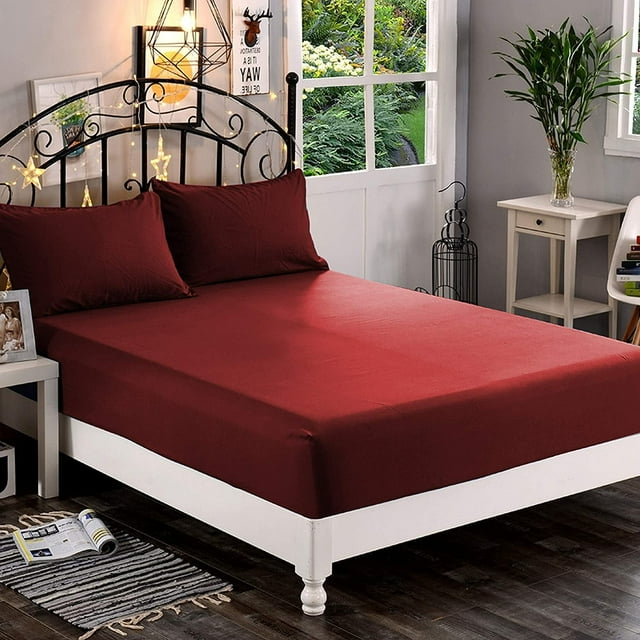 Mocassi 1500 Thread Count 1-Piece Fitted Sheet,Twin , Burgundy