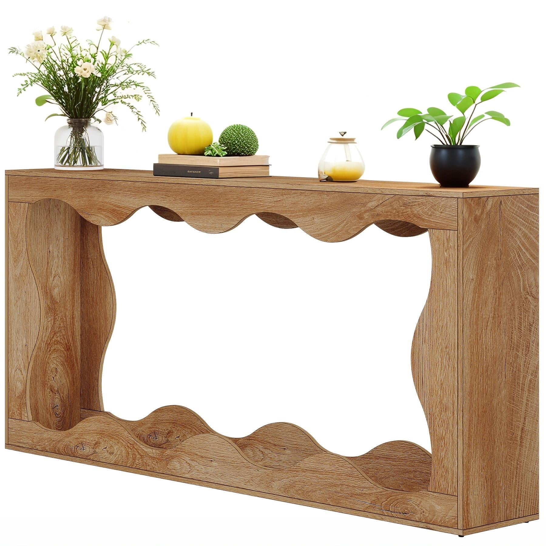 Fnova 63" Long Farmhouse Console Table for Entryway, Wave-Shaped Wood Entryway Table, Sofa Table for Living Room, Light Brown
