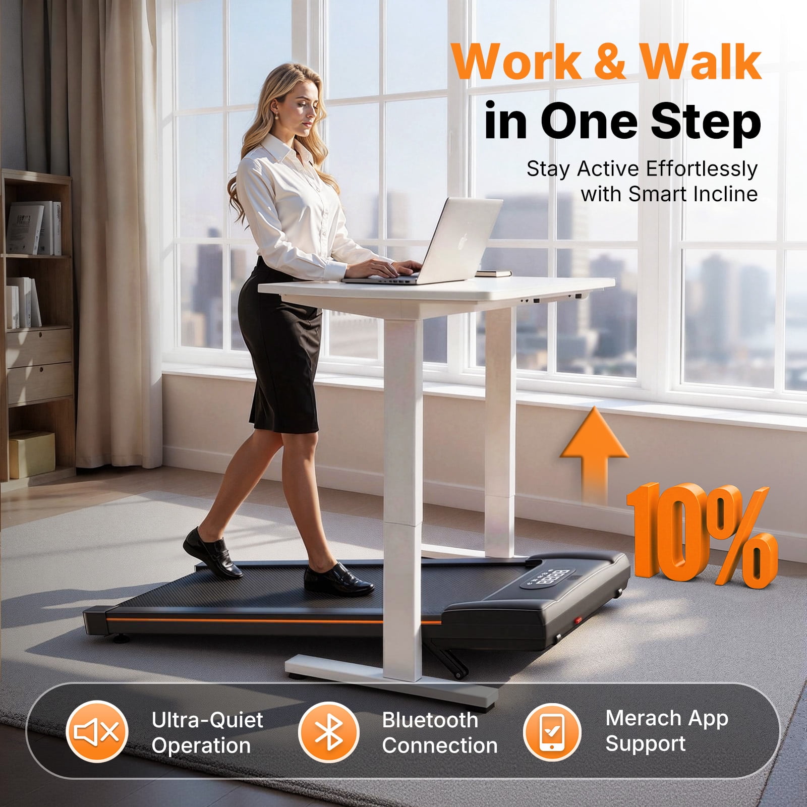 MERACH W50 Lite Walking Pad with 10% Auto Incline, 350lb Under Desk Treadmill with Bluetooth Speaker