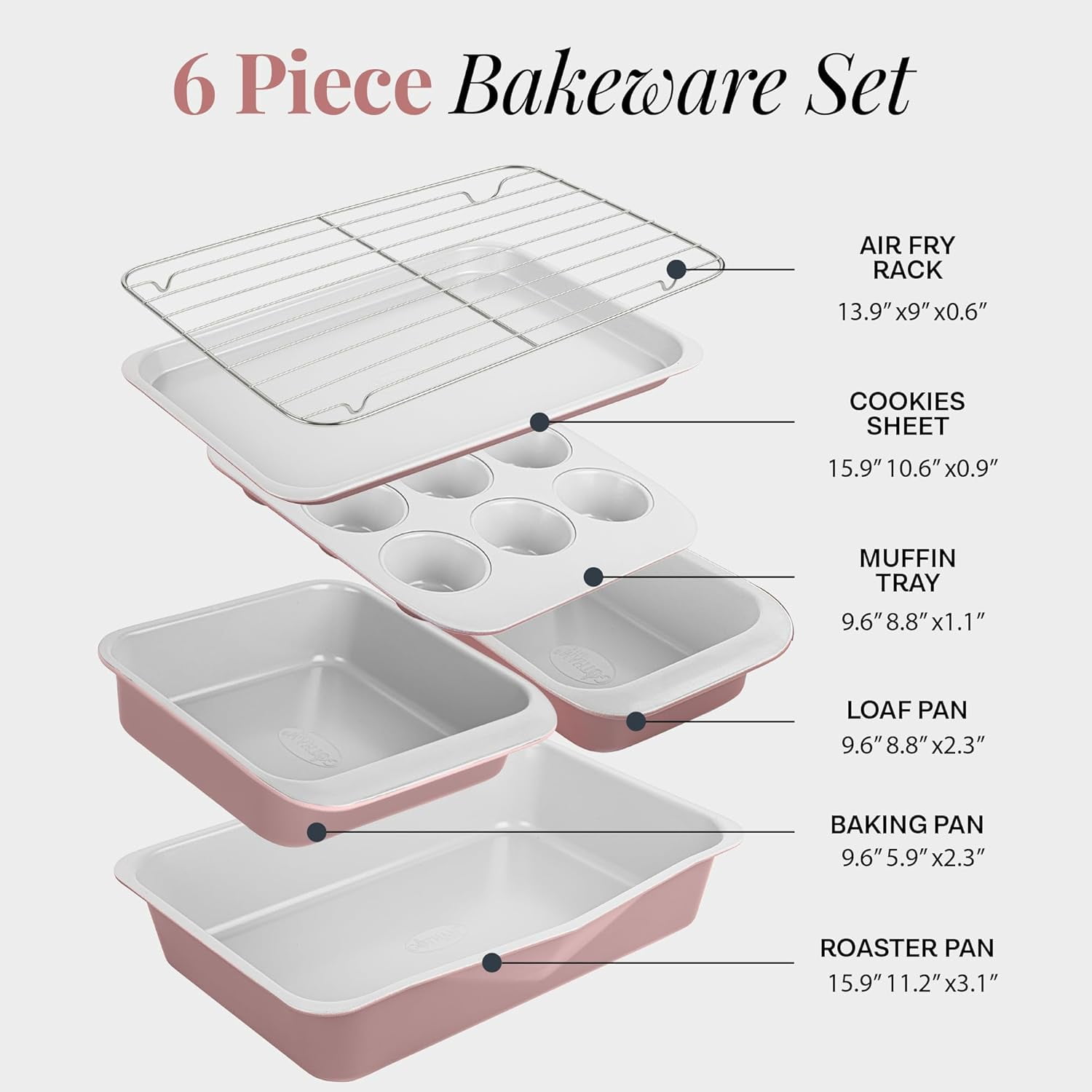 Gotham Steel 6 Pc Stackable Baking Pans Set Non Stick, 70% Space Saving Design, Nonstick Ceramic Bakeware Sets Non Toxic, with Baking Sheet Tray, Cake & Muffin Pans, Oven & Dishwasher Safe, Mauve