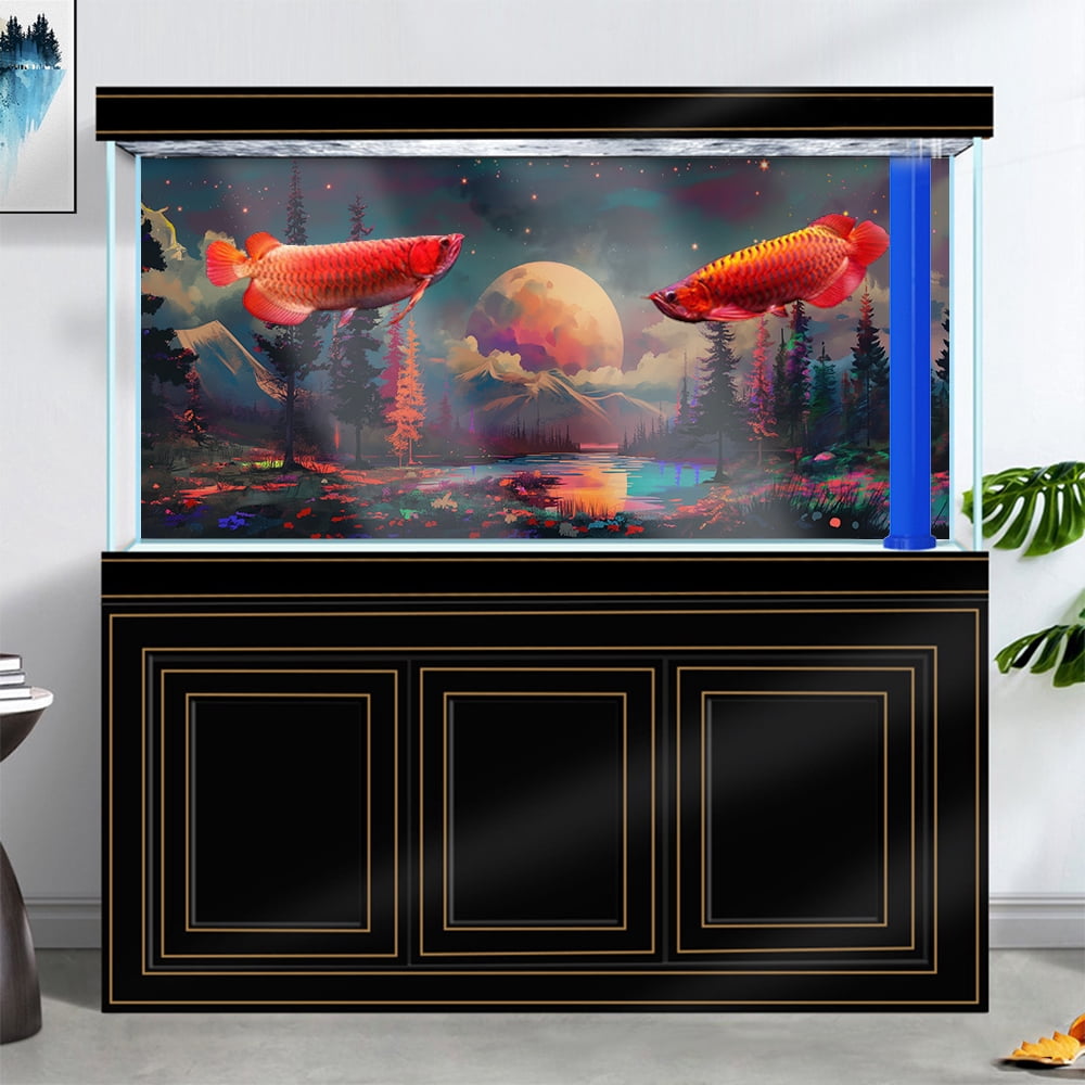 Colorful Planet Aquarium Background, Galaxy Space Tapestry Fantasy Forest Mountain Tank Decorations Background, Aesthetic Floral Plant Art Terrarium Background with 8 EVA Double-Sided Tape