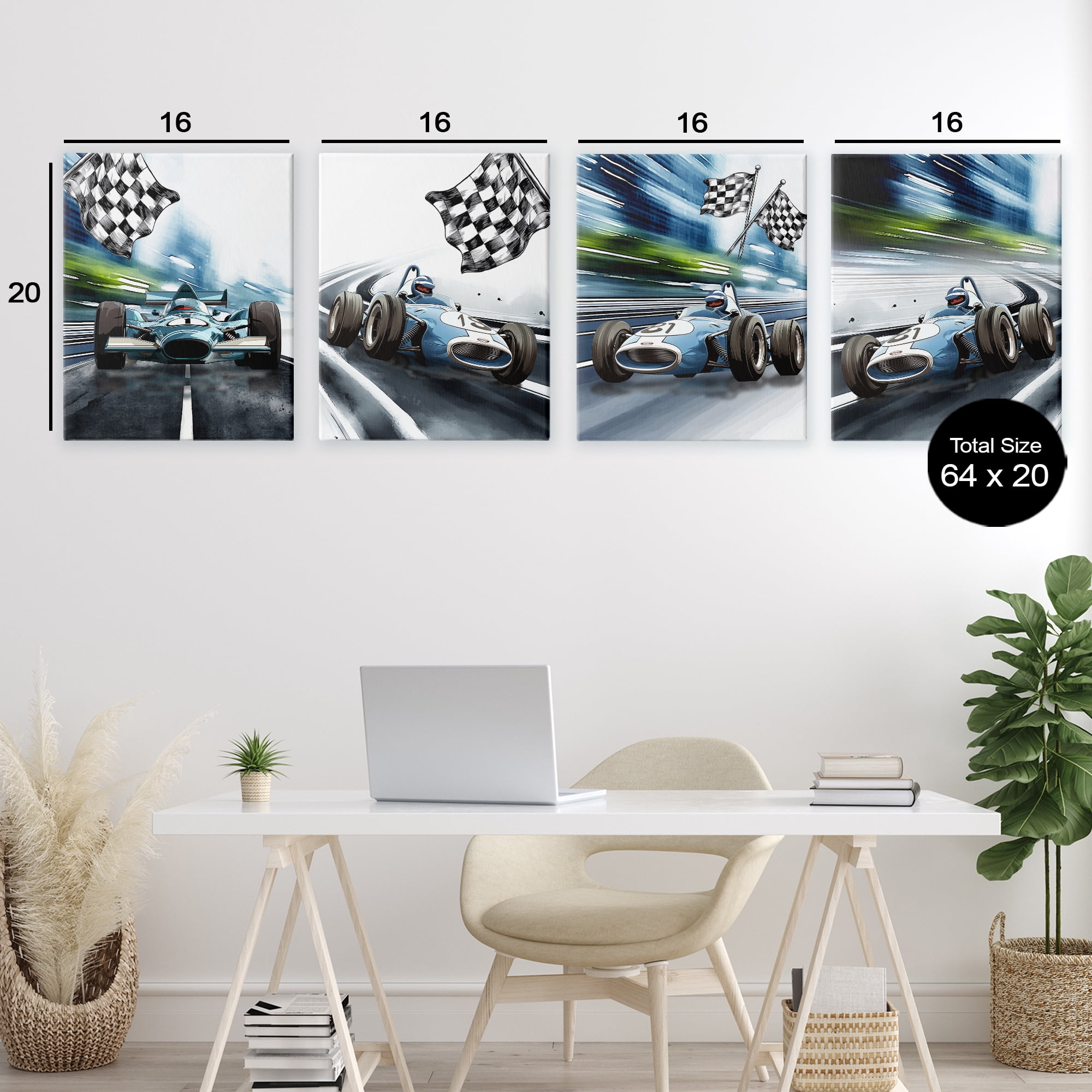Stupell Industries Ready Set Racecars 4 Piece Canvas Wall Art Set, design by Christine Simpson Art