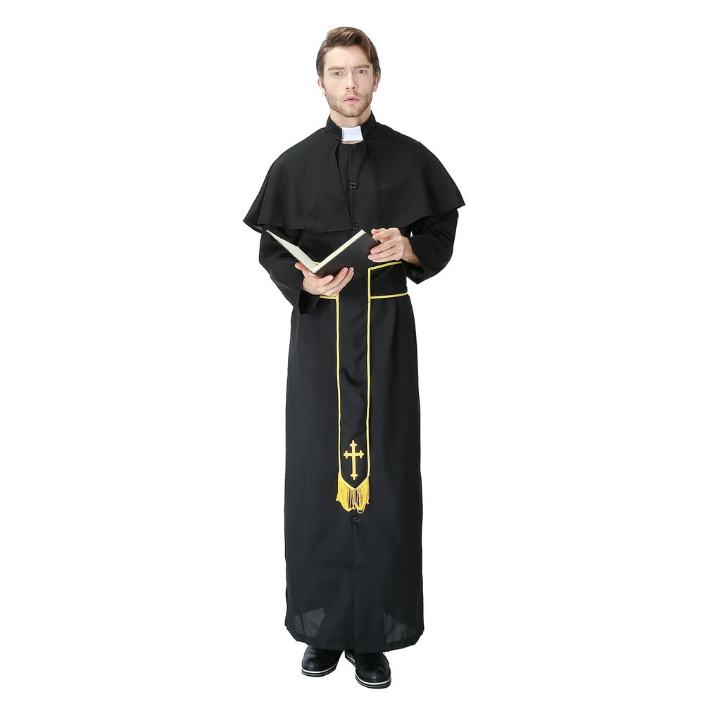 HDE Men's Priest Costume Halloween Party Outfit Traditional Vestments With Robe Collar and Sash