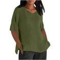 thumbnail image 2 of Womens Summer Tops under $5! Xqxayjr Womens Cotton Linen Tops Summer Casual Boho Solid Fashion Comfy Blouses Elbow Sleeve Loose Fit V Neck Basic T-shirts Clothes, 2 of 6