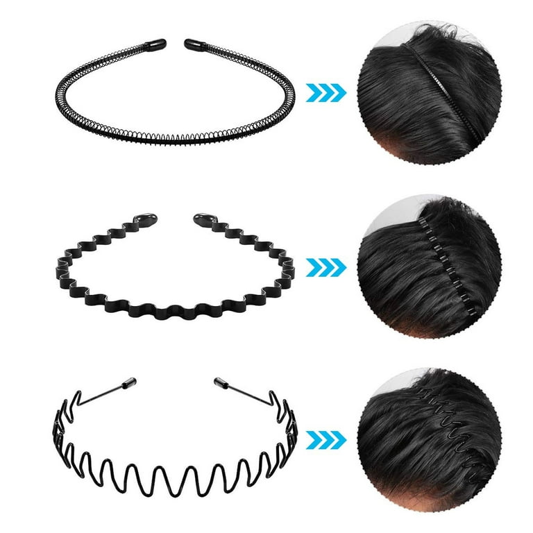 9pcs Metal Headband Spring Wavy Hair Band Unisex Hairband for Men Women  Sport Hair Hoop Non-slip Headwear Hair Accessories (Black)