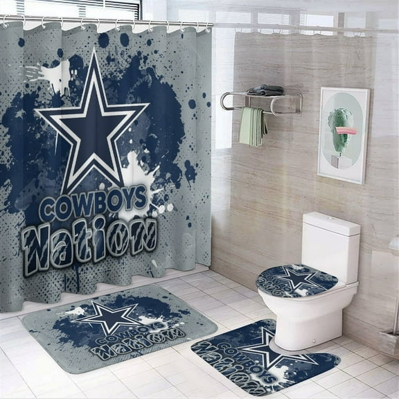 Football Cowboys Shower Curtain Sets Non-Slip Rugs Bath Mat Toilet Cover U Shaped Mat 4 Pcs
