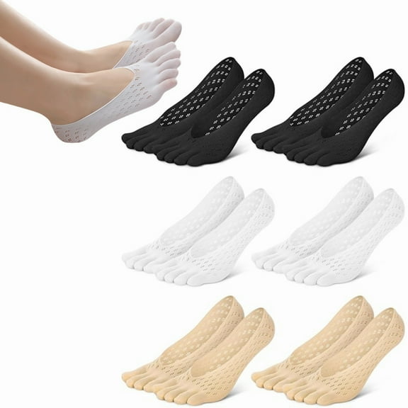 Artrylin 6 Pairs No Show Toe Socks Women Running Five Finger Socks Invisible Liner Boat Low Cut Loafer Socks for Ladies（2 Black  2 Beige  2 White）