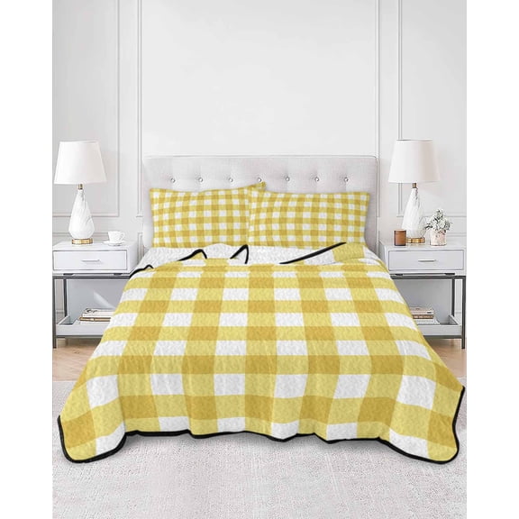 Quilts Twin Size, Yellow Gradient Soft Comforter Bedding Set for Bed, Farm Plaid Buffalo Checkered Gingham Lightweight Quilted Bedspread with Pillow Cover(2 Pieces) for All Season, 68x86 Inch