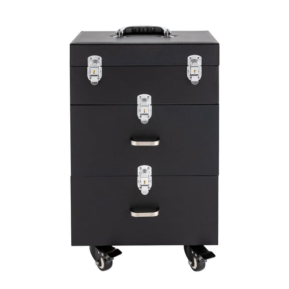 Makeup Train Case Large, Travel Makeup Organizer Storage Box on Wheels 3 Tier Rolling Professional Cosmetic Trolley with 4 Locking Salon Barber Carrying Case