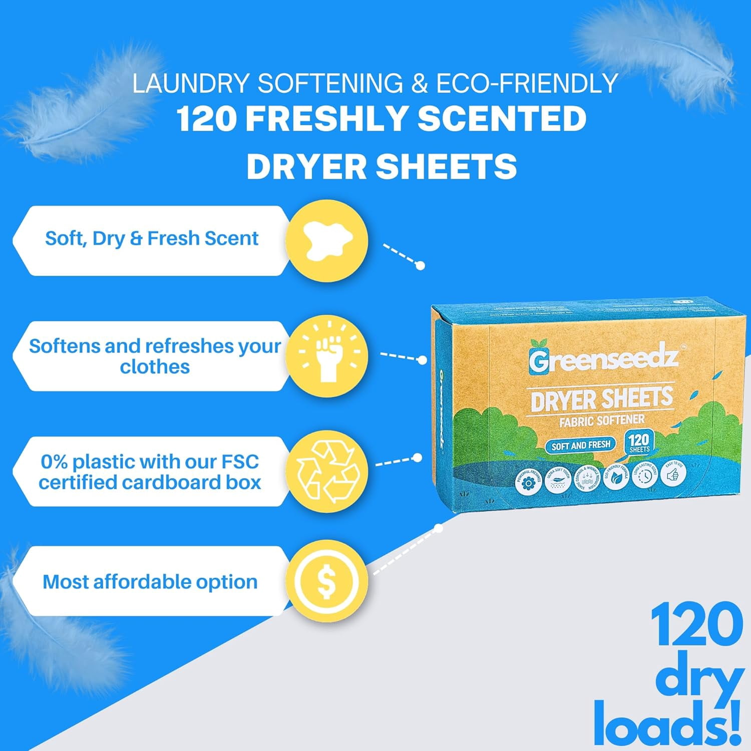 Dryer Sheets, 120 Count, Softens, Reduces Static & Freshens Laundry, Plastic-Free, Works with All Fabrics
