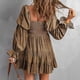 thumbnail image 4 of Vestido de una línea con hombros descubiertos, cuello en V, manga larga, cintura, vestido estampado plisado adelgazante para mujer, color caqui L, 4 of 6
