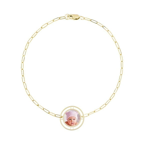 PicturesOnGold.com Personalized Round Photo Pendant with Adjustable Open Border Paperclip Bracelet Customize Picture Jewelry Gifts for Men & Women - Yellow Gold Plated