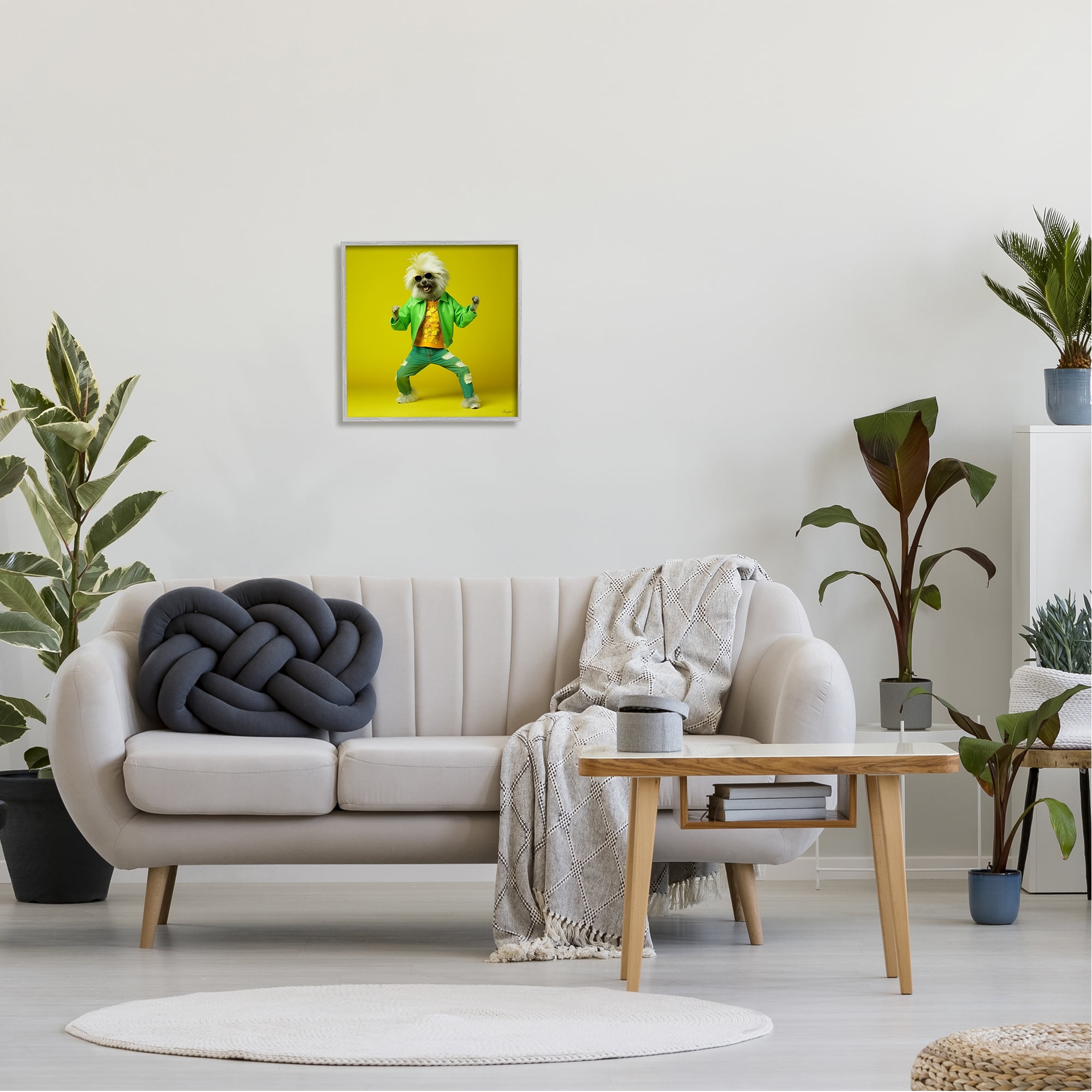 Stupell Industries Dancing Dog in Green Animals & Insects Painting Gray Framed Art Print Wall Art, 17 x 17