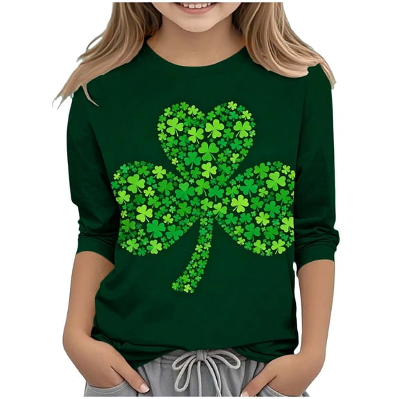 Pileajo St Patrick's Day Shirts for Kids Summer 3/4 Sleeve Round Neck Tees Boys Girls Shamrock Graphic Printed Tops