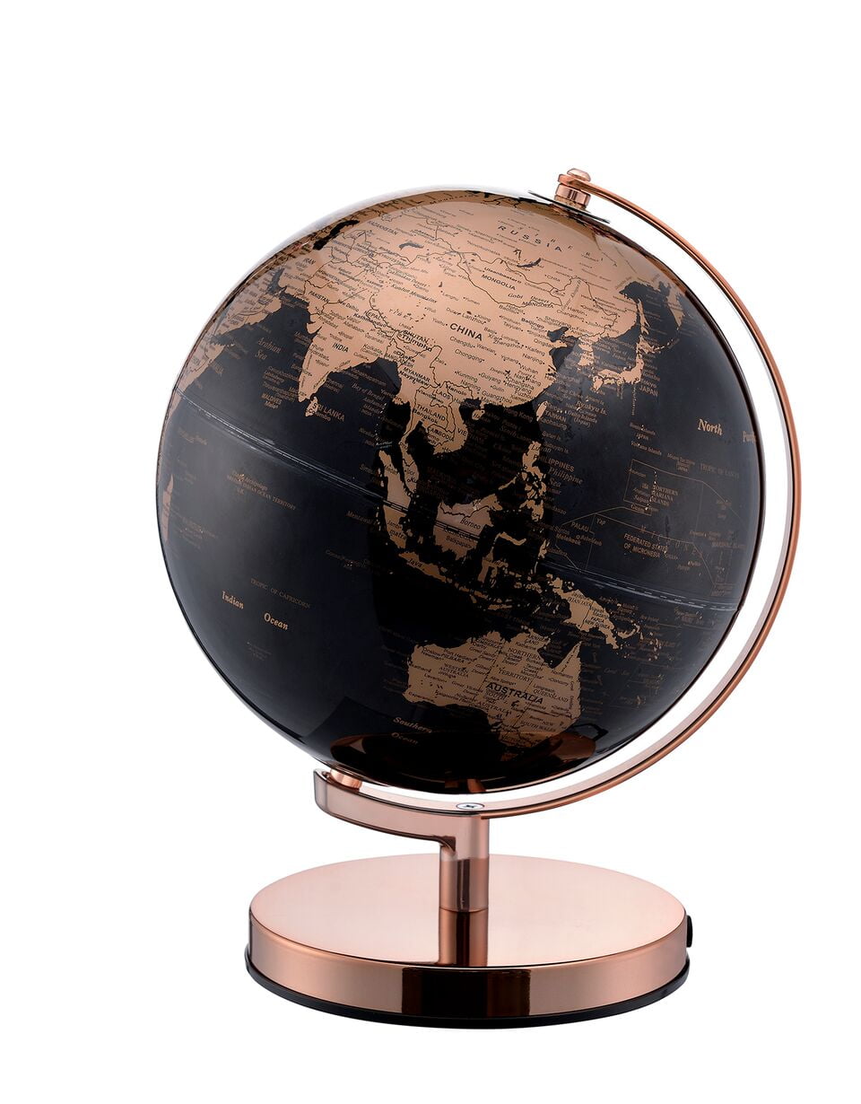 12.5" Tall Black and Gold Globe with Rose Gold Metal Frame