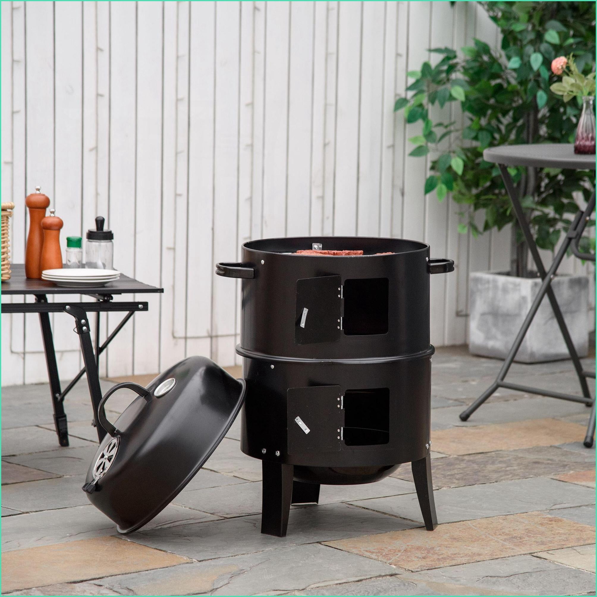Charcoal BBQ Smoker, 3-in-1 16” Round Vertical Grill with Dual Cooking Areas & Thermometer for Outdoor Camping Backyard | Black | Metal