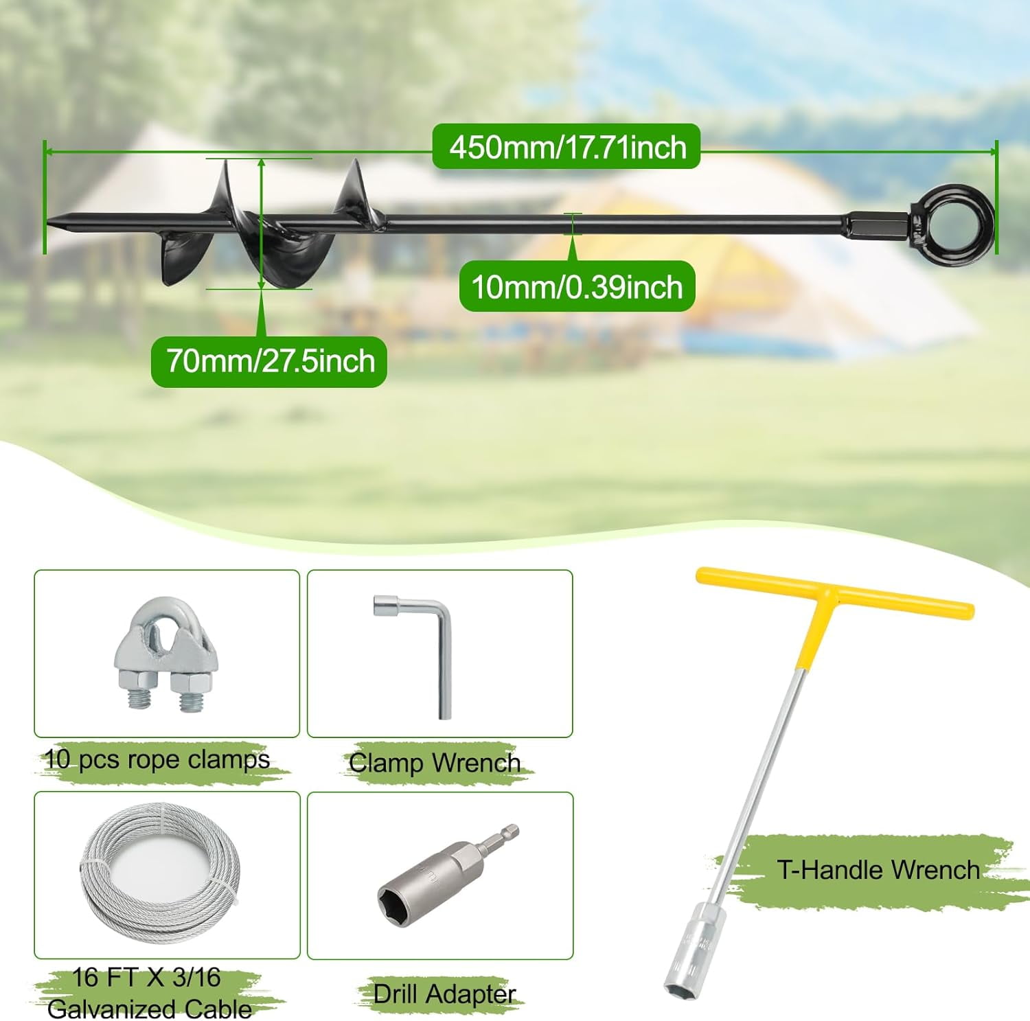 18" Heavy Duty Ground Anchors Shed Anchor Kit with 3/16" Galvanized Cable, Swing Set Anchors Trampoline Stakes for Shed Canopy Gazebo Carport Tent