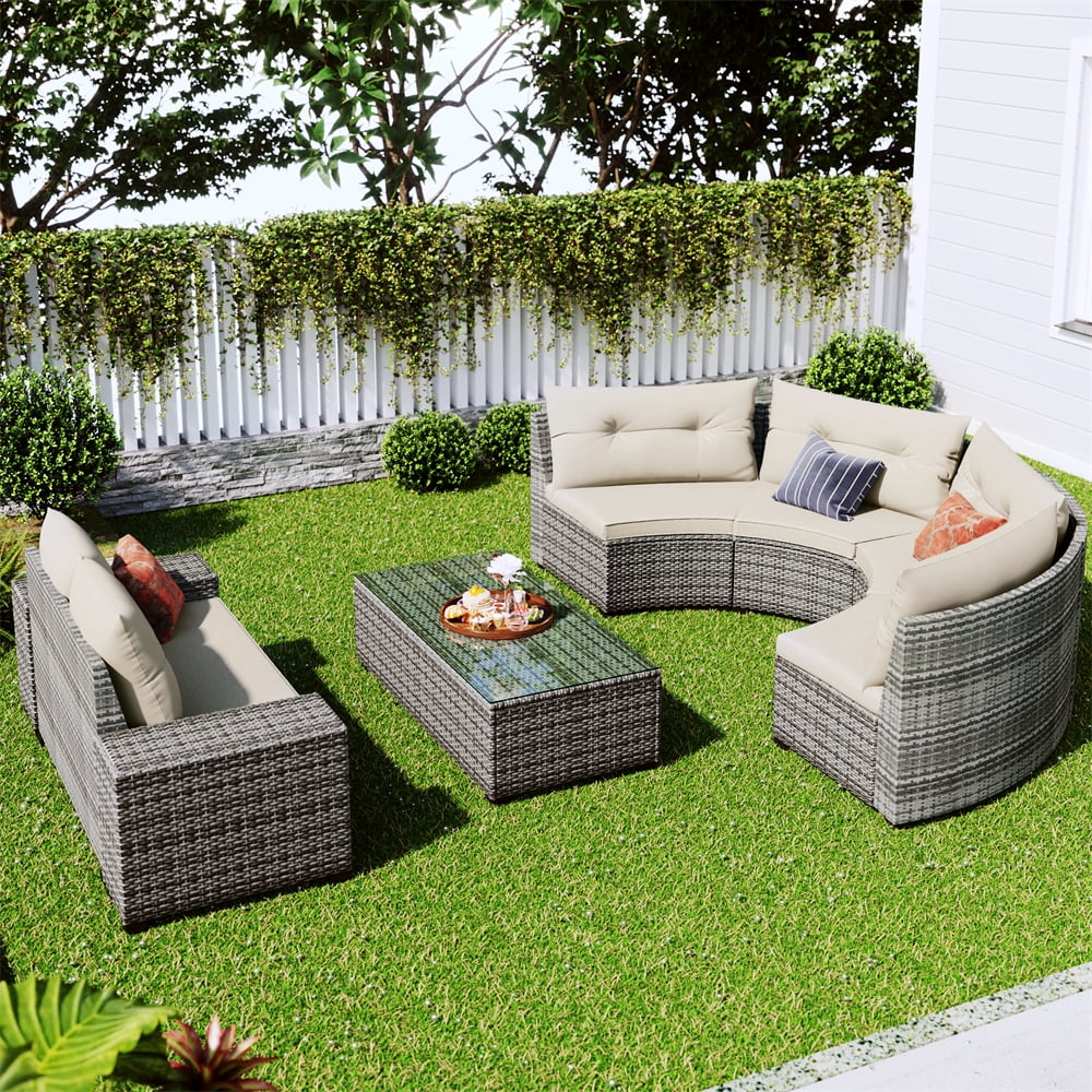 8 Pieces Outdoor Wicker Round Furniture Set, All Weather Half-Moon Sectional Patio Sofa Sets with Rectangular Coffee Table, Beige