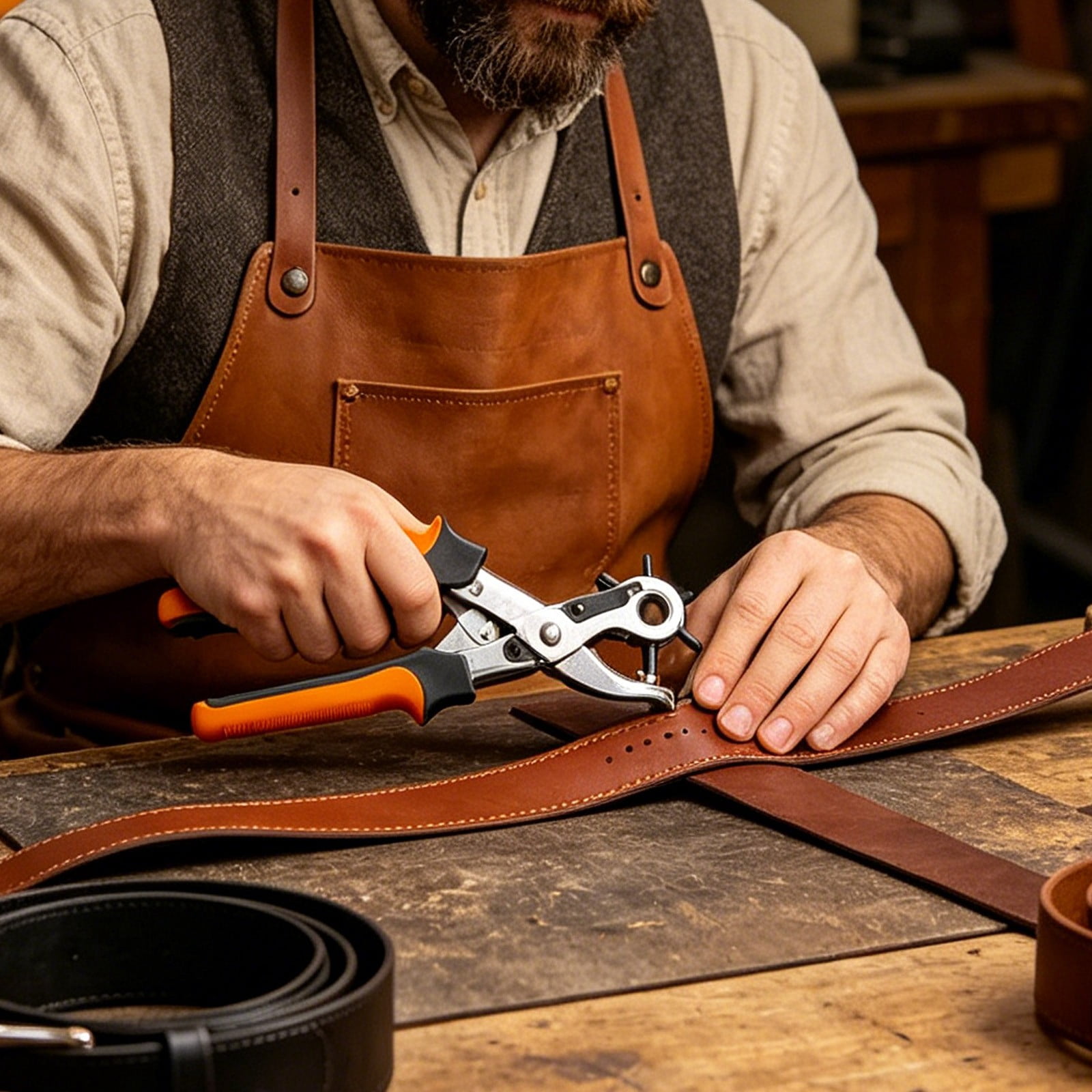 COM1950s Leather Hole Punch Tool, Revolving Belt Hole Puncher Plier with 6 Adjustable Sizes, Heavy Duty Hand Tool for Belts, Watch Bands, Leather Crafts, and Home Repair