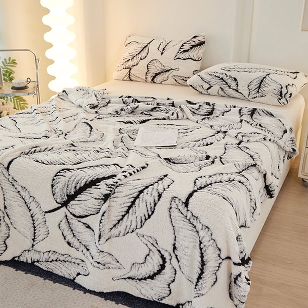 Manta Estampada de Hoja de Plátano 100x150cm Poliéster Suave y Grueso Ligera Franela Cálida para Sofá o Dormitorio Siesta Relajación, Verde/Blanco/Marrón