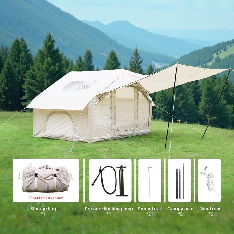 4-6 Person Inflatable Camping Tent with Canopy & Clear Skylight, 4 Season Easy Setup Blow Up Tent With Pump, Waterproof Windproof 420D Oxford Air Tent with Mesh Windows/Doors for Outdoor