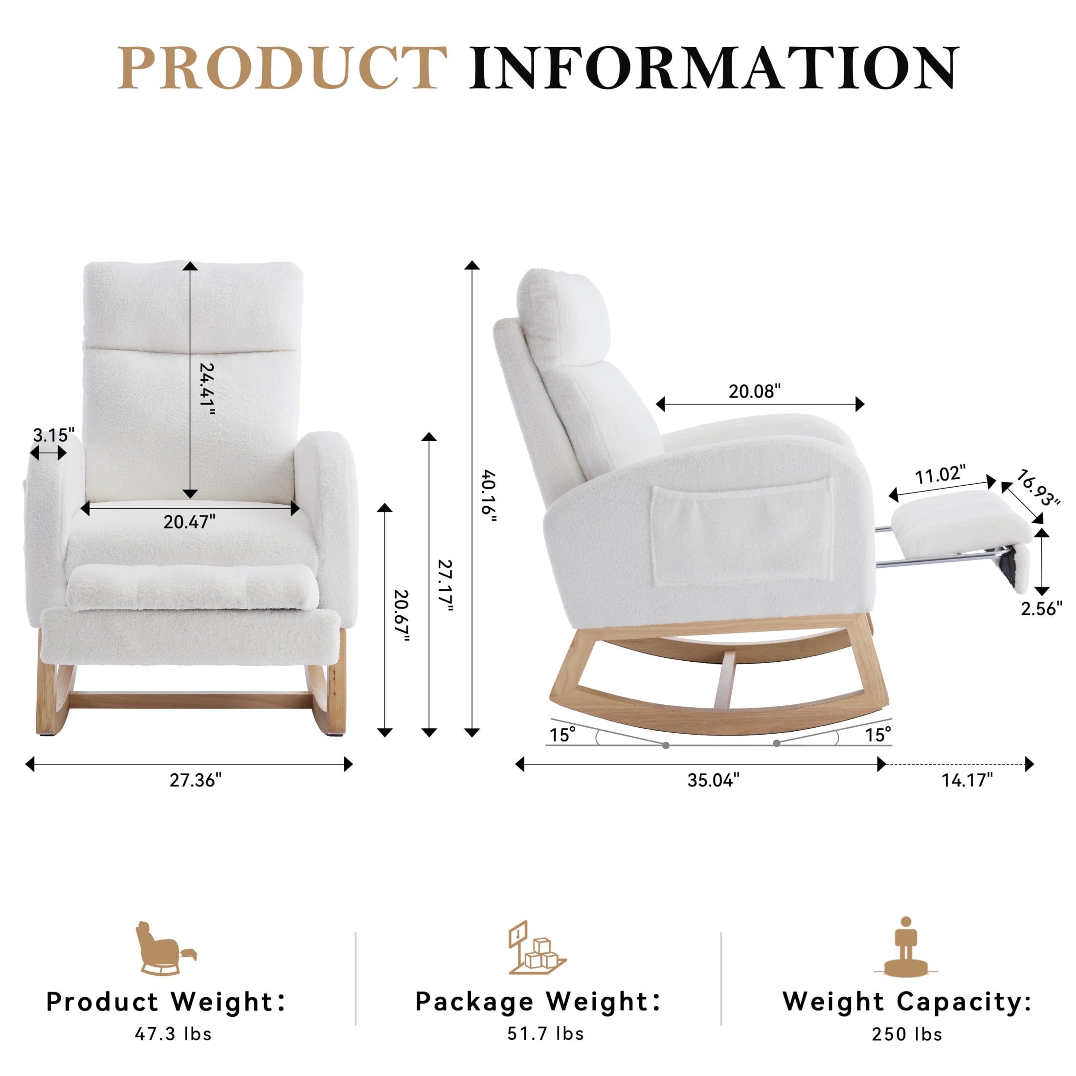 Noble House Arlais Teddy Nursery Rocking Chair with Adjustable Footrest, Comfortable Accent Glider Daybed, White