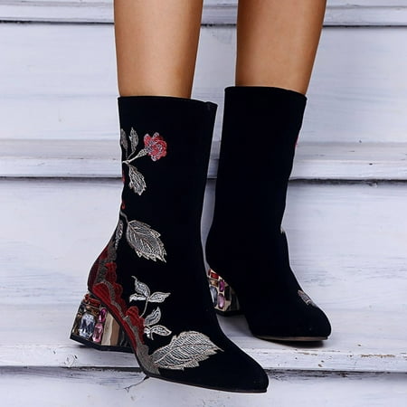 

TIANEK Fashion Vintage Embroidery Western Square Toe Floral Mid Calf Black Dress Boots For Women