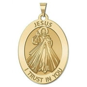 Divine Mercy Oval Religious Medal  - 2/3 x 3/4 inch Size of Nickel, Solid 14K Yellow Gold