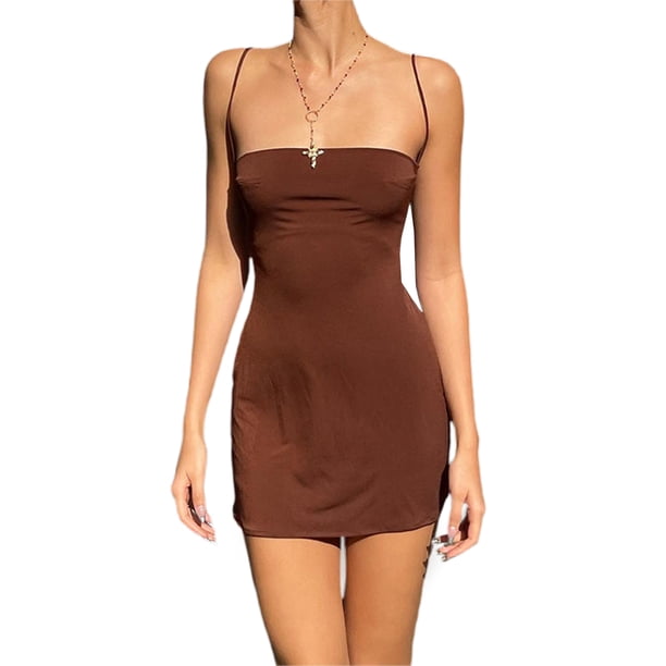 VISgogo - Vestido corto de verano para mujer, color sólido, sin mangas, sin espalda, ajustado, con tirantes finos VISgogo moda