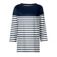 thumbnail image 4 of CFLVAEK Striped Shirt Women Plus Size Summer Casual 3/4 Length Sleeve Shirts Loose Fit Round Neck Tunic Tops Fashion Going Out Blouses Navy XXL, 4 of 5