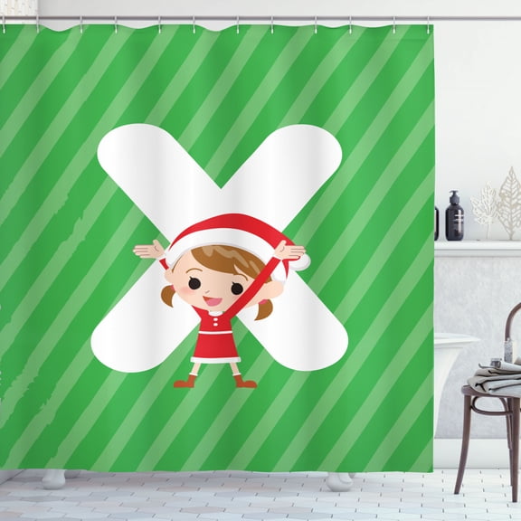 Ambesonne Christmas Alphabet Shower Curtain, Upbeat X, 69"Wx70"L, Green Dark Coral White