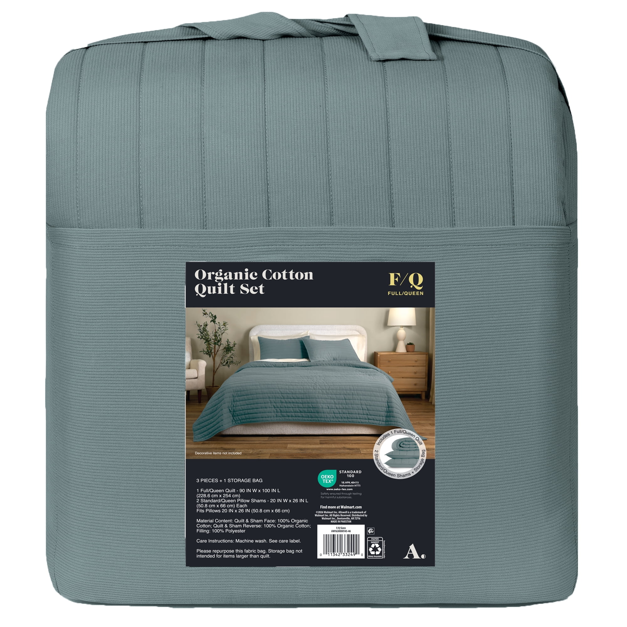 Allswell 100% Organic Cotton 3-Piece Quilt Set, Slate Blue, Full/Queen