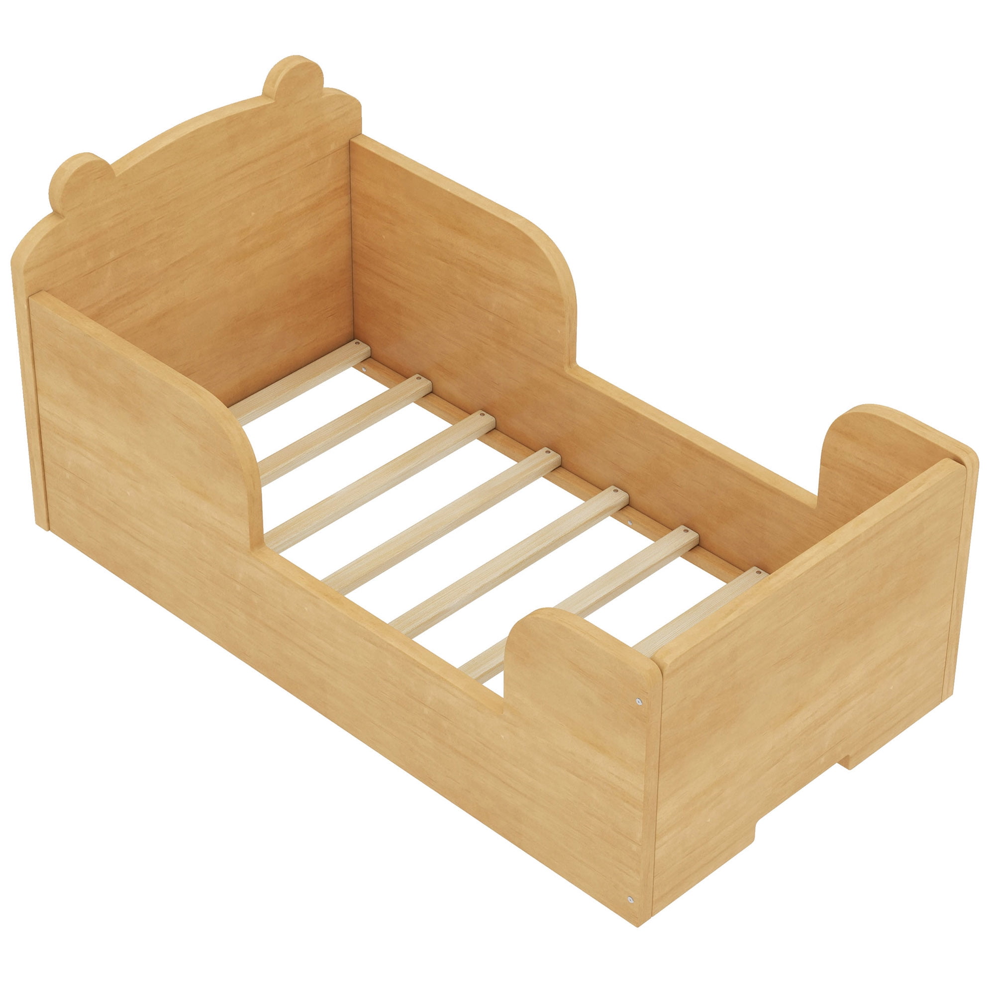 Aukfa Toddler Bed, Floor Bed Frame with Safely Rail and Bear Shape Headbroad for Kids Ages 2-6, Natural