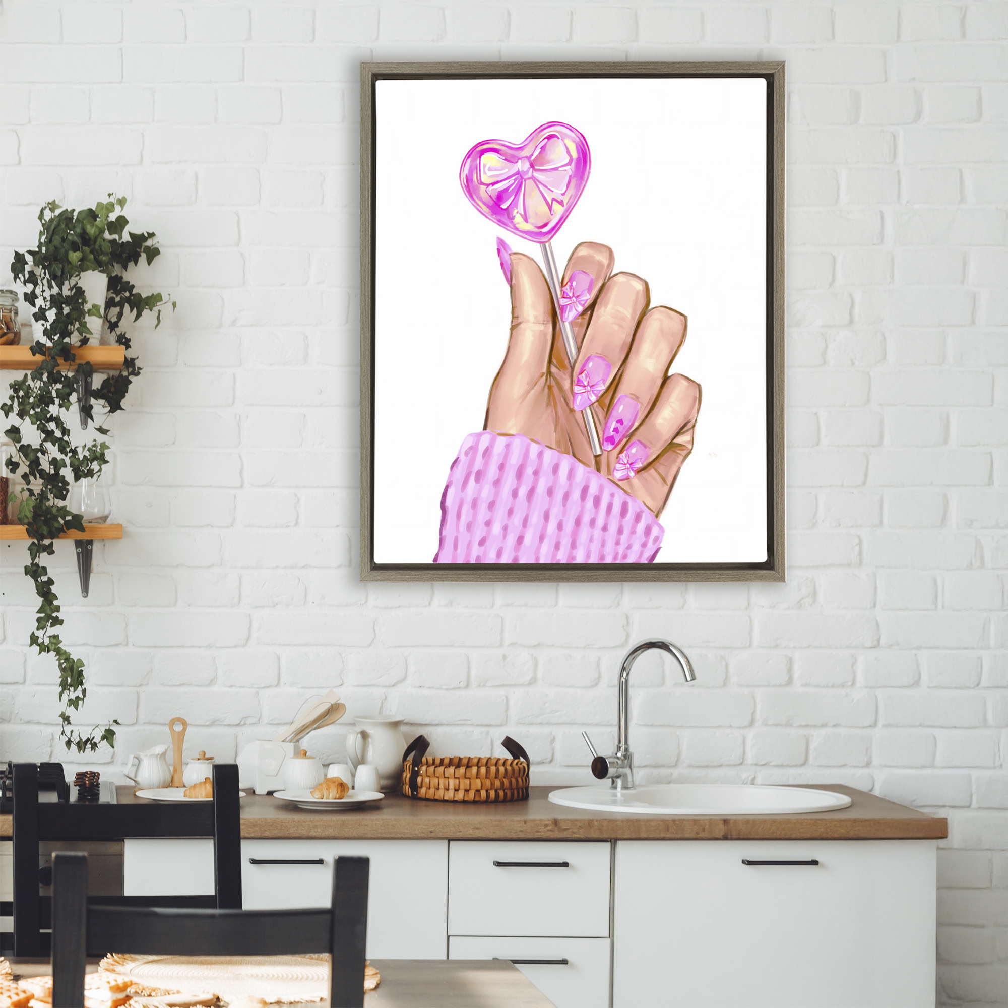 Pink Fashion Bow Lollipop Brown Framed Floater Canvas Wall Art, design by Ziwei Li