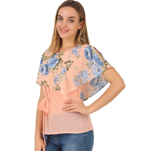 INSPIRE CHIC Blusa Tipo Capa Floral Manga Corta Con Cinturón Gasa Para Mujer Rosa S