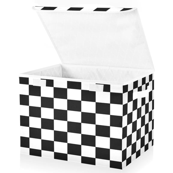 Wobogo Black and White Checkered Large Collapsible Storage Box Flip Lid Fabric Decorative Organizer Container Basket with Handles 16.5×12.6×11.8in