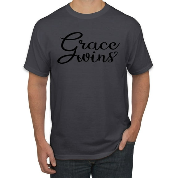 Wild Bobby Grace Wins Script Inspirational/Christian Men Graphic Tee, Charcoal, Small
