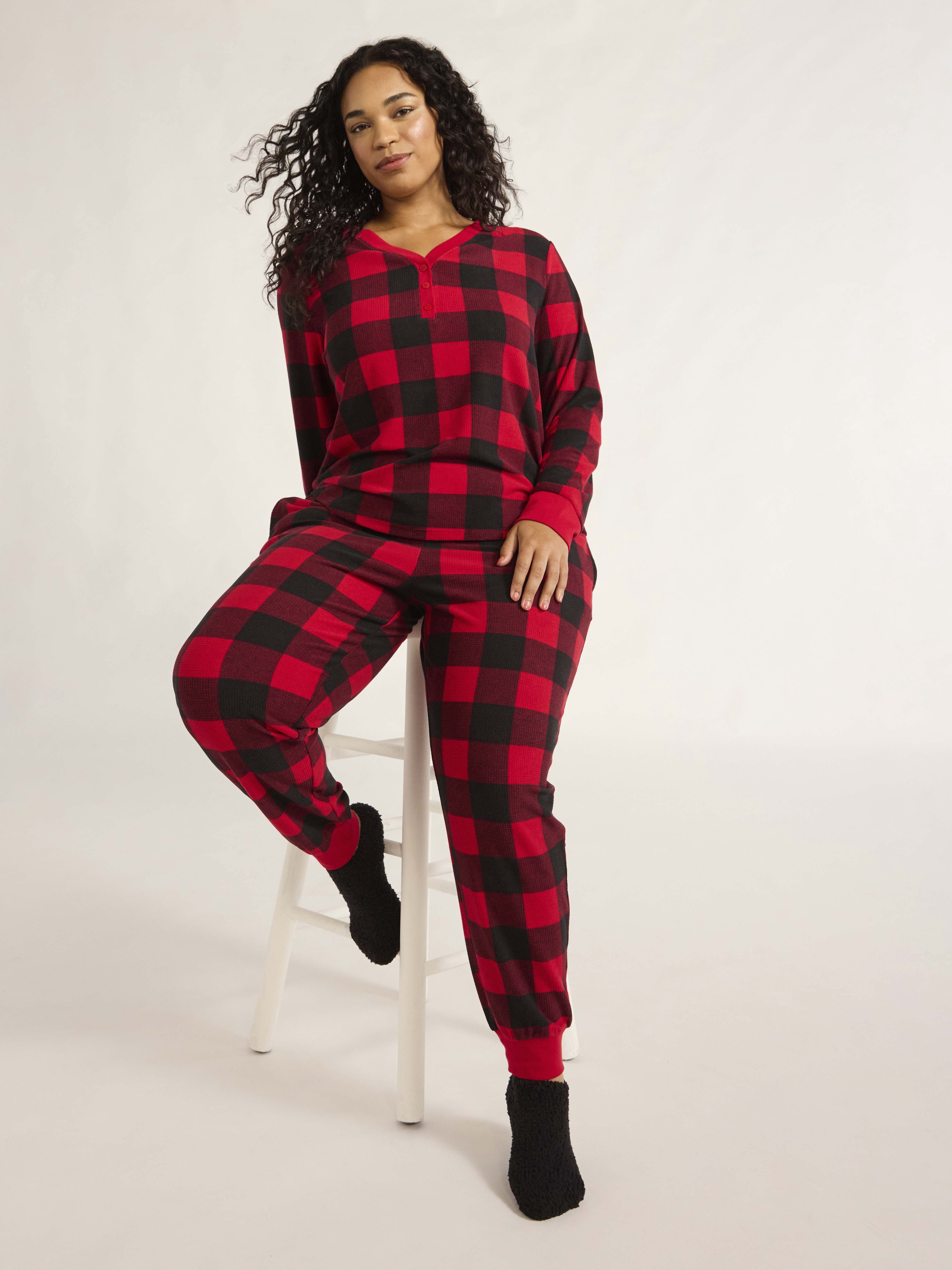 Joyspun Women's Velour Waffle Henley Sleep Top, Jogger Pants and Socks Pajama Set, 3-Piece, Sizes XS-3X