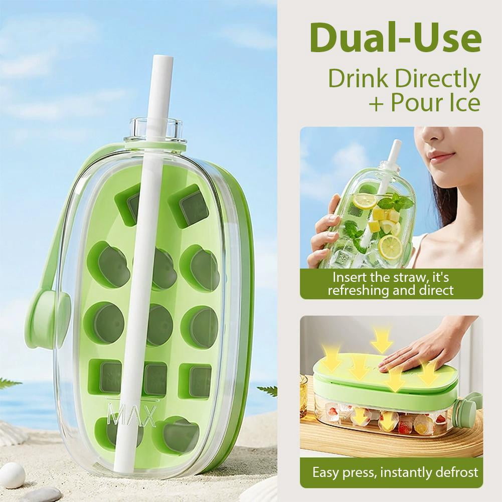Ice Cube Mold Cups,Leak-Proof Bottle,Built-In Ice Cube Mold and Straw,2 in 1 Zero-Touch Press Cubes Bottle,Press To Release Ices Tray for Home Ices Making, Outdoor Picnics, Office Use