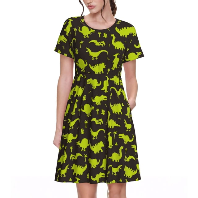 Bixox Robe d'Été à Manches Courtes pour Femmes Robe Ample Longueur Genou avec Poches-Dinosaures Mignons (2)