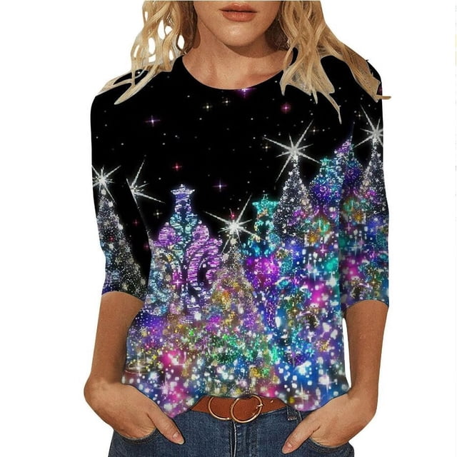 Jindong Chandail à Capuchon pour Femme Automne/hiver Uni à Col Rond Ample à Manches Longues avec Imprimé de Noël