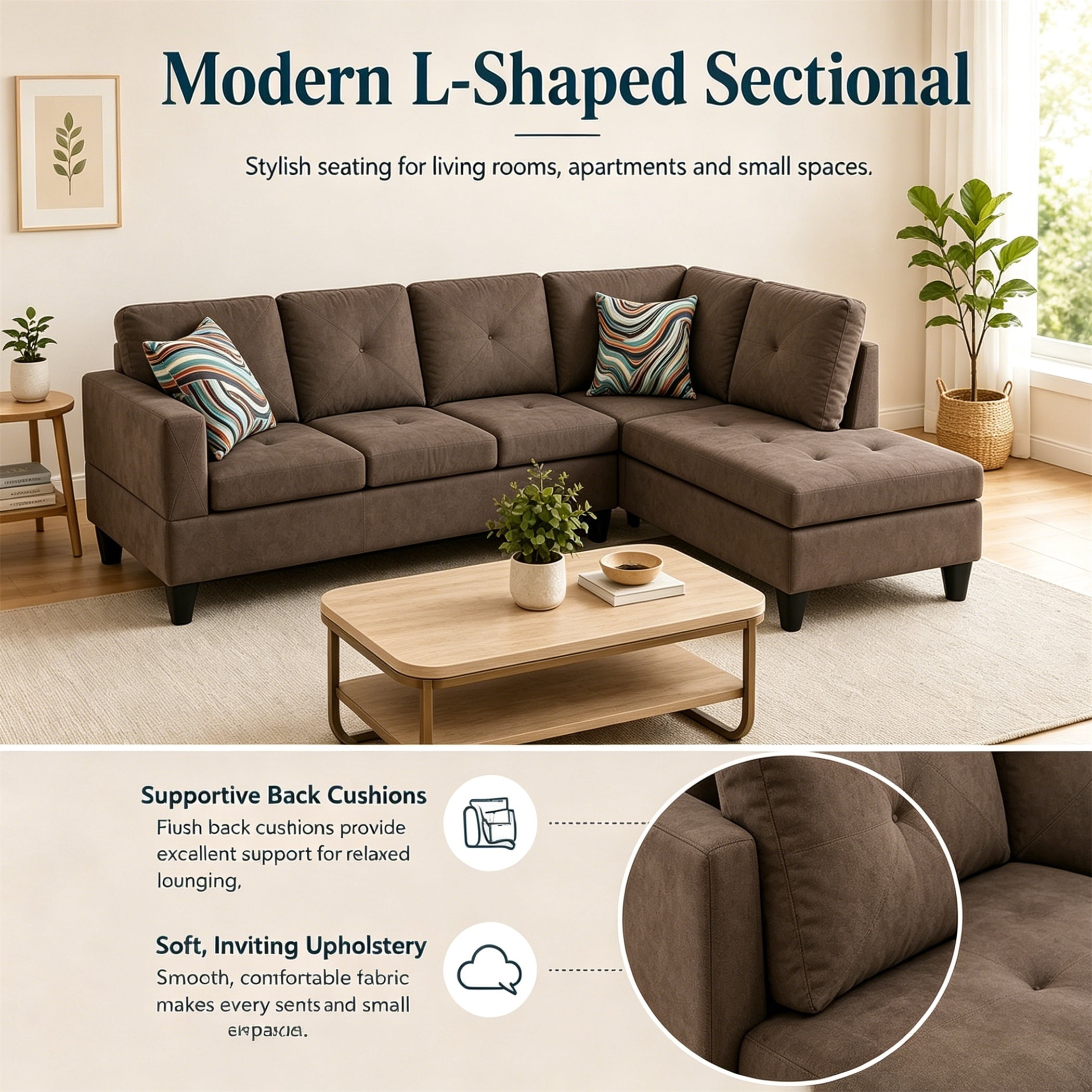 Aukfa 97" Classic Sectional Sofa 4 Seat L shape Couch for Living Room, 2Pillows, Oversized Right Chaise, Chenille, Brown
