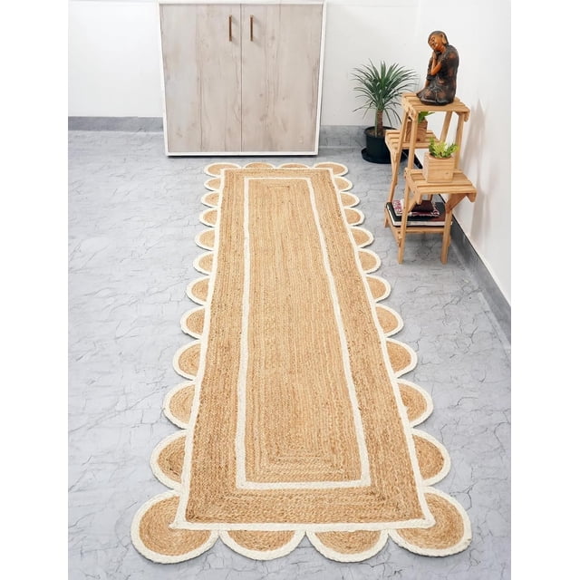 Scalloped Jute Area Rug 2x3 ft - Braided Jute Runner Rug 2.5x6 ft - White, 2.5' x 12' Ft Runner