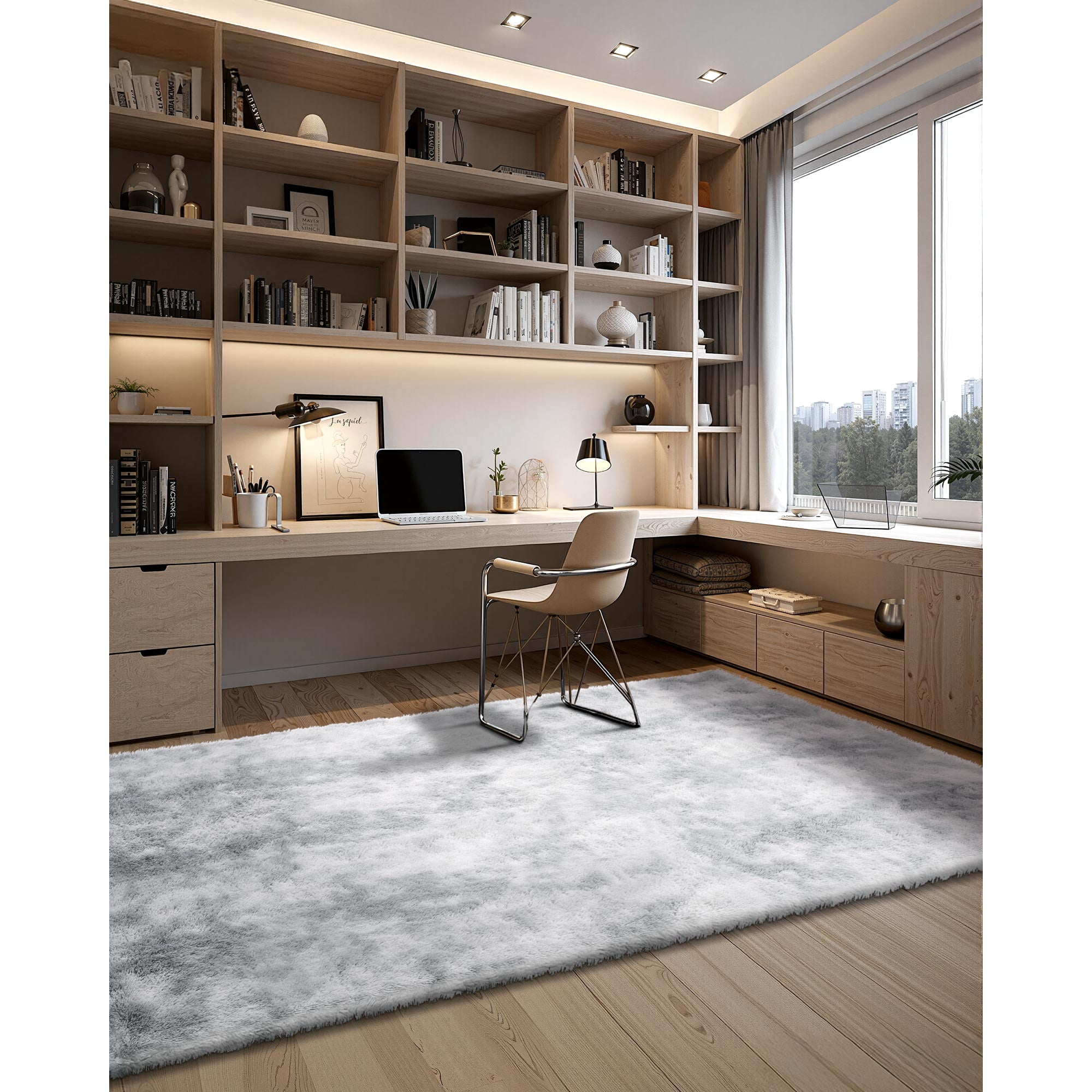KFFKFF Indoor Plush Area Rugs, 6 x 9 ft Soft Carpet, Furry Shag Rugs for Living Room, Bedroom, Modern Home Decor, Long-Pile Design, Non-Shedding, Slip-Resistant, Tie-Dye Light Gray