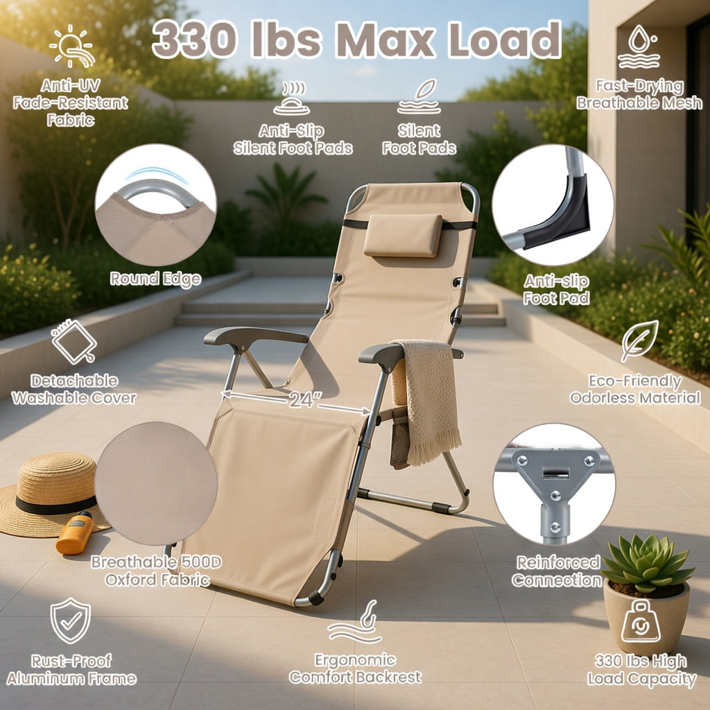 Hommoo Portable Folding Tanning Chair with Adjustable Backrest, Face Hole & Arm Openings, Lightweight Sunbathing Lounger for Beach, Pool & Backyard, Beige