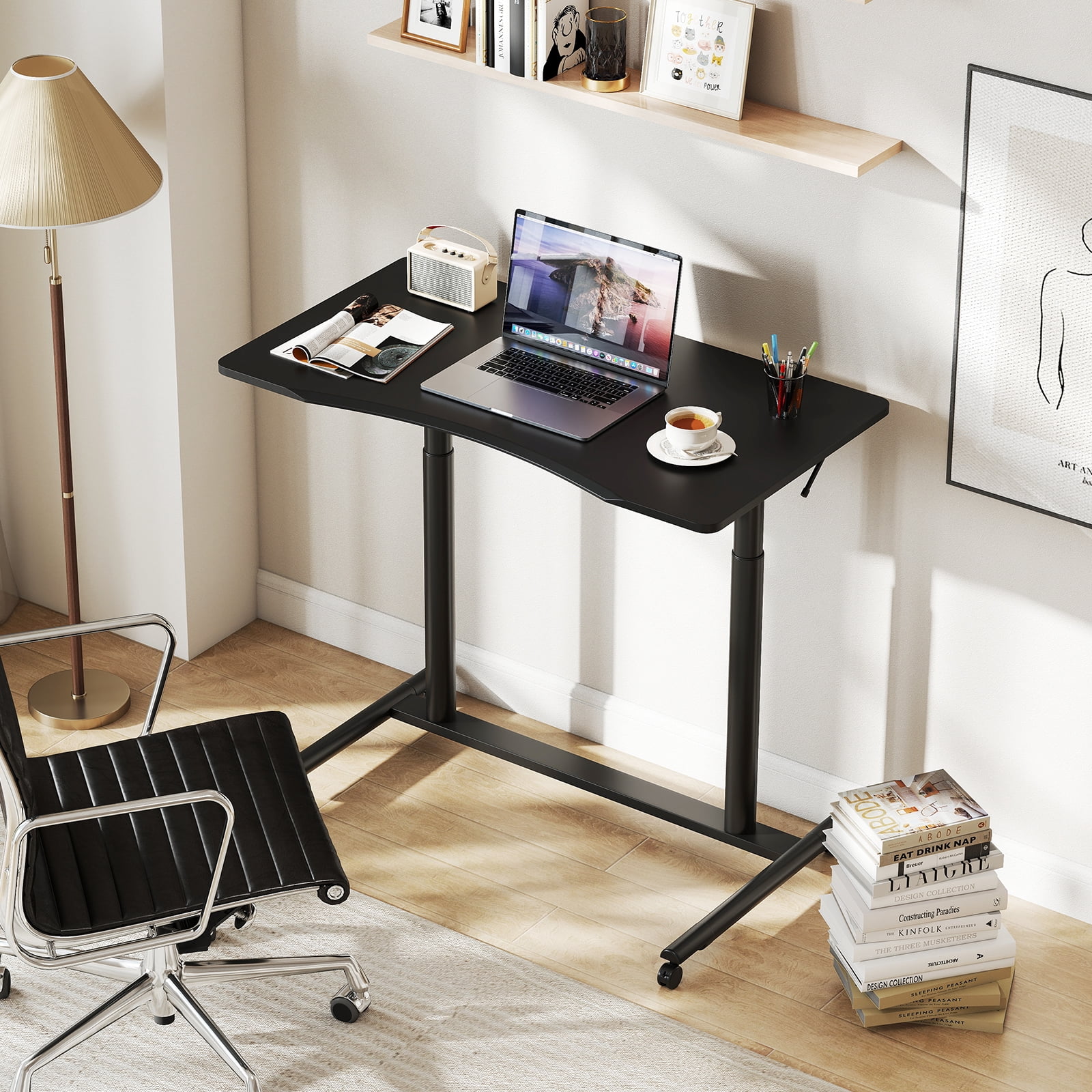 Costway Contemporary Wood Adjustable Height Rolling Computer Desk in Black